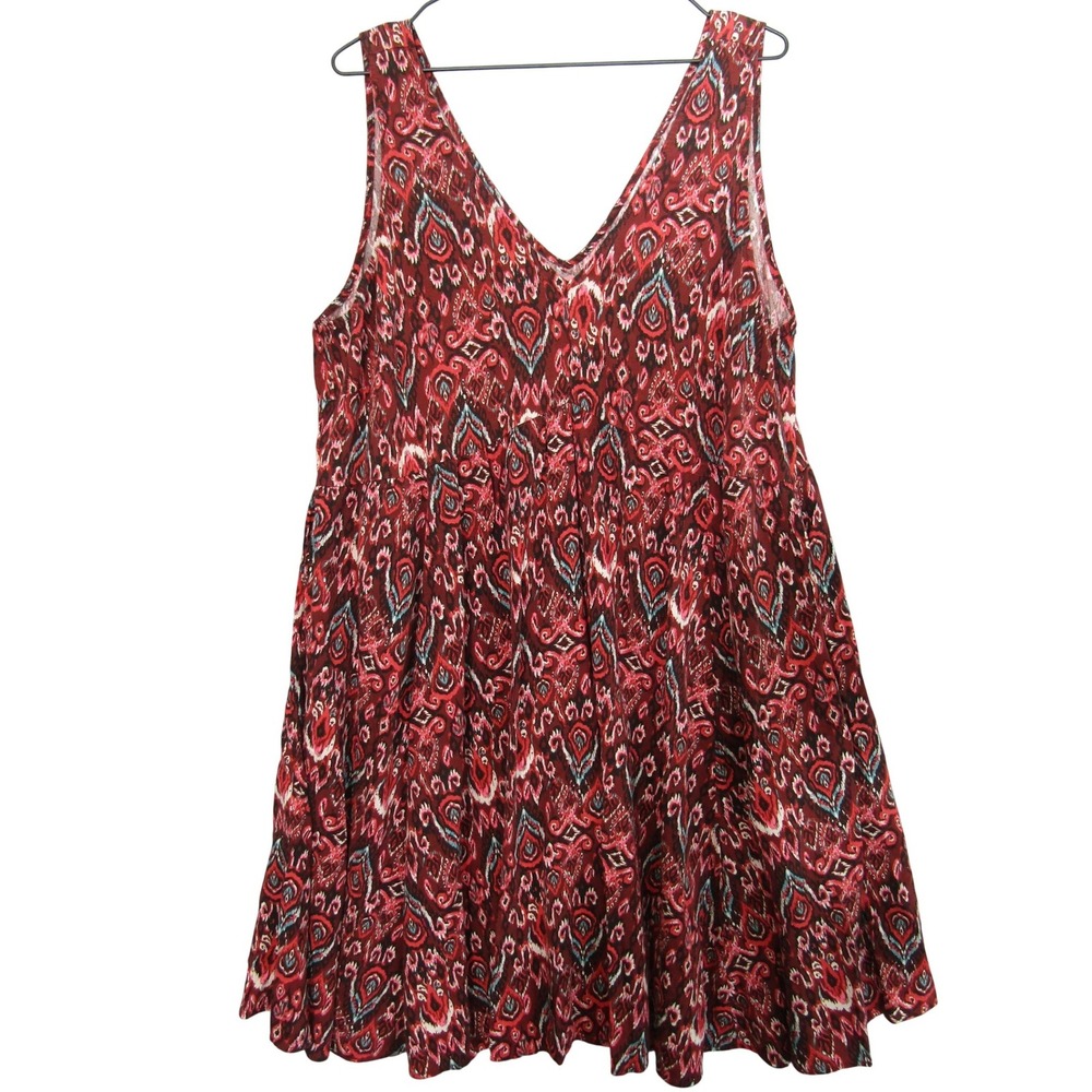 Torrid Babydoll Dress Womens 2 Red Multi Good Boho Ikat Sleeveless V-Neck Pocket